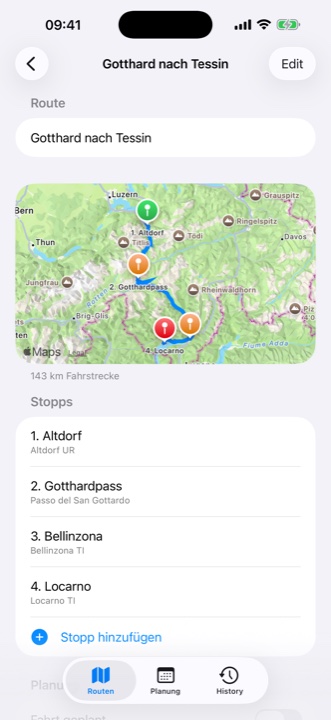 Detailansicht einer Route mit Karte und den Stopps Altdorf, Gotthardpass, Bellinzona und Locarno
