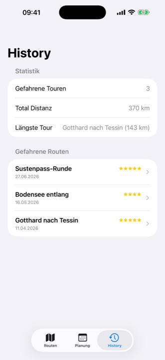 History mit Statistik: drei gefahrene Touren, 370 km Total, längste Tour 143 km