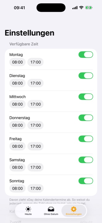 Einstellungen mit den verfügbaren Zeitfenstern pro Wochentag