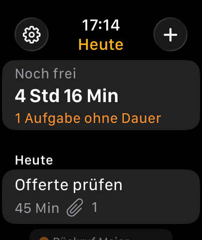 xDay auf der Apple Watch: «Heute» mit 4 Std 16 Min frei und einer Aufgabe mit Anhang